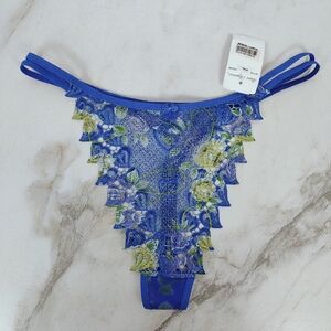 NWT Bare Elegance Blue Green Floral Lace Thong Panties, Sz XL